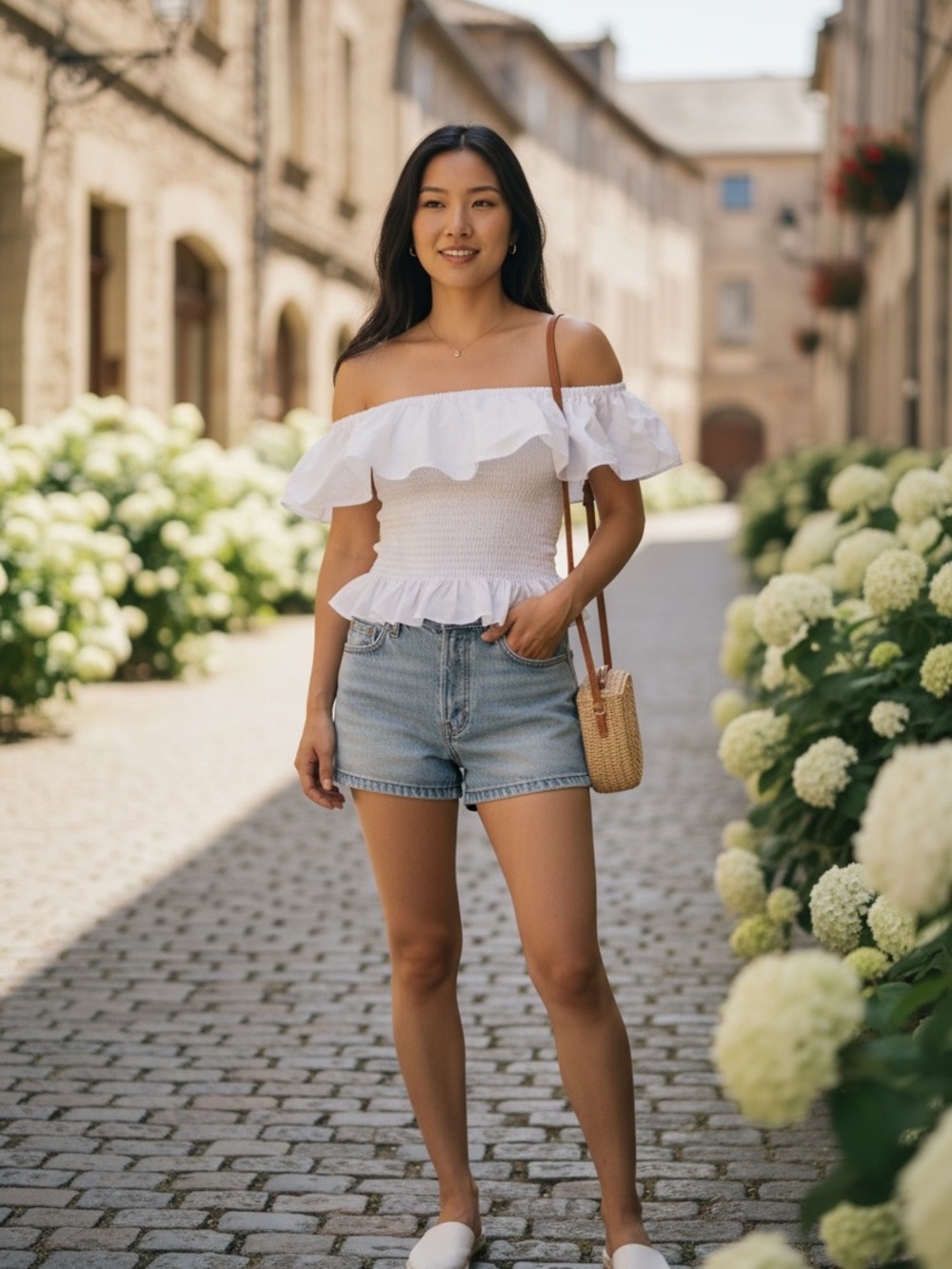 Zara White Off-Shoulder Ruffle Smocked Top